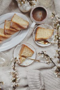 Hygge cake and coffee in cozy decor